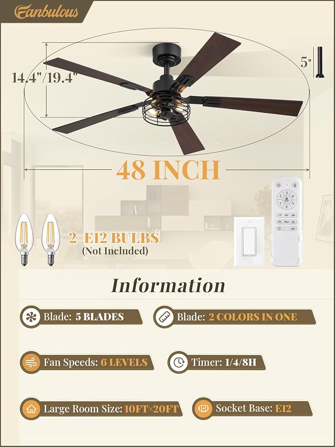 Fanbulous 48 Inch Farmhouse Ceiling Fan with Light and Remote, Rustic Caged Ceiling Fans with 3 Timers, Quiet DC Motor, 5 Dual-Finish Blade for Bedroom Kitchen Small Living Room, Black, 2-Pack