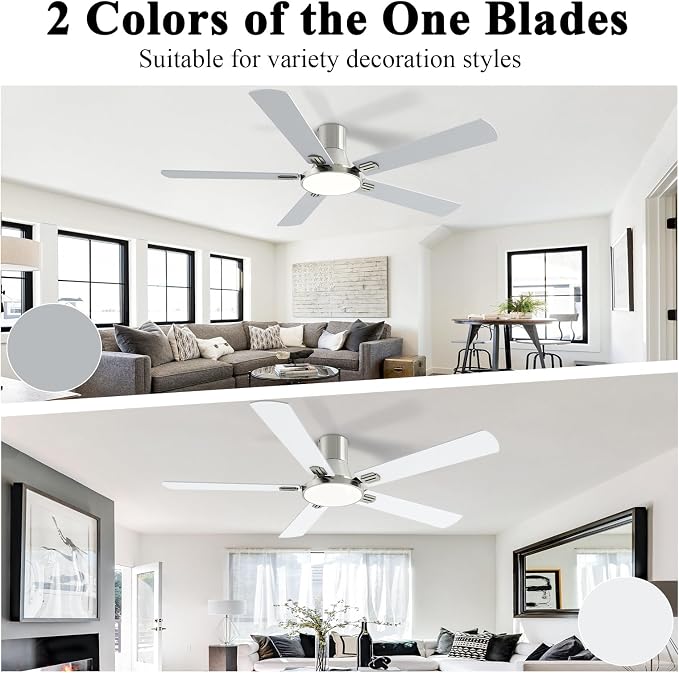 SNJ 60 Inch Brushed Nickel Ceiling Fans with Lights and Remote,Flush Mount Low Profile 5 Blades Ceiling Fan,Dimmable Quiet Reversible DC Motor for,Living Room,Bedroom and Patio