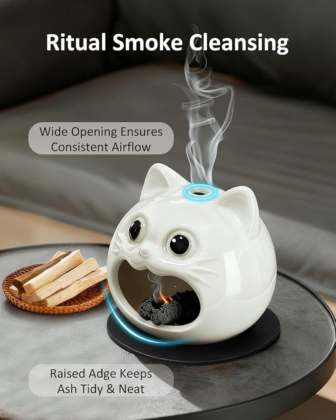 Cute Palo Santo Holder, Cat-Shape Ceramic Palo Santo Burner with Heat-Resistant Mat for Meditation and Energy Cleansing, Smudge Bowl for Wood Sticks, Sage and Incense Cones, Home Decor Gift