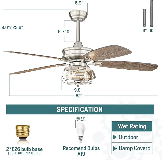 Melkelen Farmhouse Ceiling Fans, 52 Inch Ceiling Fans with Lights and Remote Control, Rustic Barn wood Blades, Industrial Cage Light, Nickel