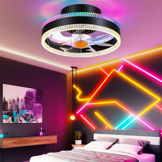 Mpayel Flush Mount Ceiling Fans with Lights - RGB Low Profile Ceiling Fan,13" Small Dimmable LED Bladeless Ceiling Fans, Modern Enclosed LED-RGB Ambient Light for Bedroom, Kids Room, Party