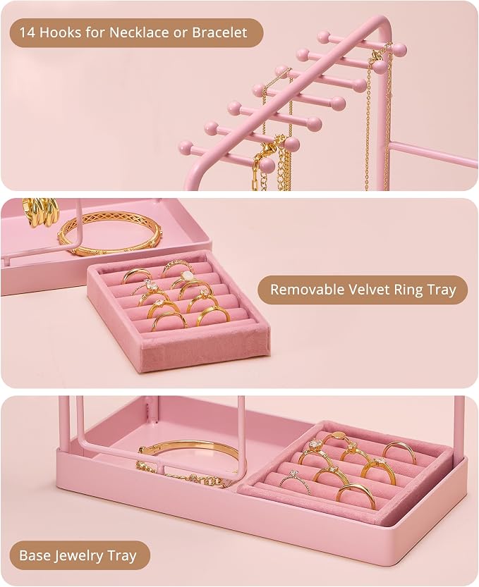 ProCase Jewelry Stand Holder Organizer and Storage, Pink (No-Assembly) | Rotating Earring Bracelet Holder Storage, Hanging Jewelry Display Velvet Ring Tray, Teen Girls Birthday Gifts Room Dorm Decor