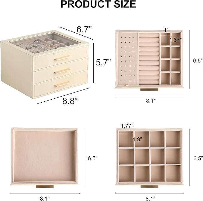 Frebeauty Jewelry Box for Women,Clear Lid Jewelry Organizer with 3 Drawers | Faux Leather,Velvet Lining,3 Layers,Jewelry Storage for Ring Earring Stud,Dustproof Design,Gift Choice,Golden Stylish Handle