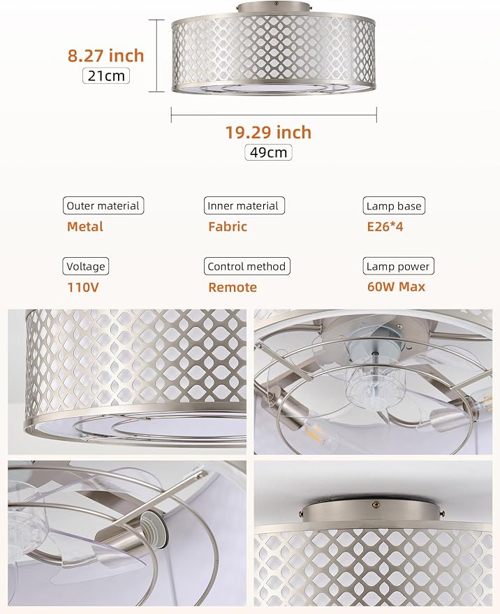 20" Silver Ceiling Fan with Light Flush Mount, Caged Boho Ceiling Fans with Lights Remote Control, Round with 6 Speeds for Bedroom, Nursery, Living Room