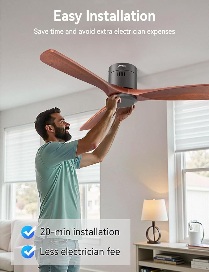 52 Inch Ceiling Fans with Remote no Light, Solid Wood 3 Blade Modern Ceiling Fan, Quiet DC Motor, 6 Speeds, Dimmable LED, Timer, Indoor & Covered Outdoor Living Room, Bedroom, Patio (Darkwood)