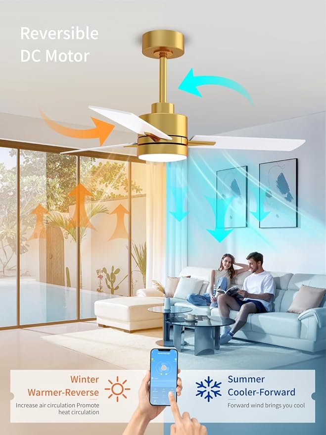 LANMEL 42'' Ceiling Fan with Lights and Remote, Low Profile Modern Ceiling Fan Gold, 6 Speed, Reversible, 3000k-6000k LED, Quiet DC Motor for Indoor Outdoor Bedroom Living Room