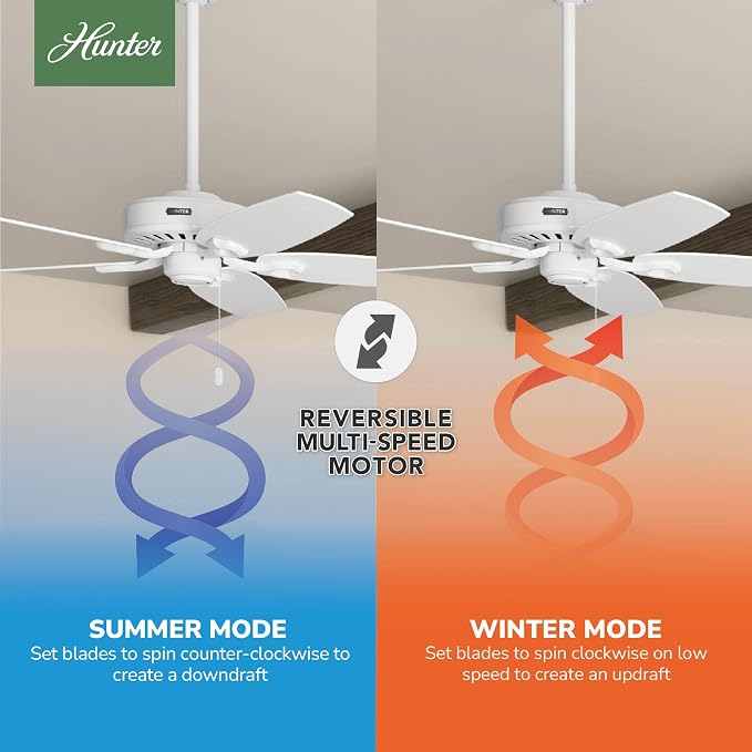 Hunter Builder Elite, Indoor, Ceiling Fan, No Light, 52 inch, Snow White | Standard Mount, Pull Chain, 5 Blades, For Bedroom, Living Room, Kitchen, 53240