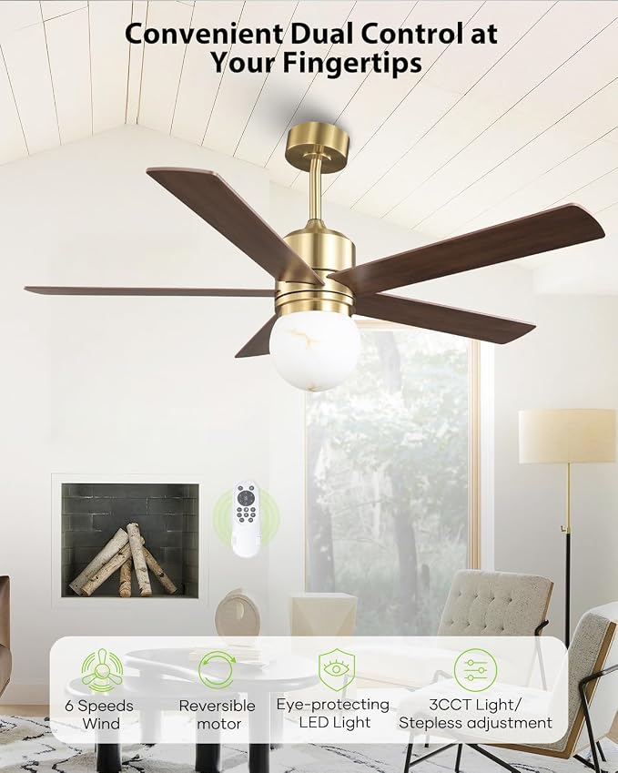 52 Inch Ceiling Fan with Light and Remote, Indoor & Outdoor Brushed Gold Ceiling Fan for Living Room Garage, Quiet DC Motor, Timer, 6 Speeds