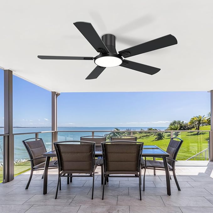SNJ 52 Inch Black Ceiling Fans with Lights and Remote,Flush Mount Low Profile 5 Blades Ceiling Fan,Dimmable Quiet Reversible DC Motor for,Living Room,Bedroom and Patio