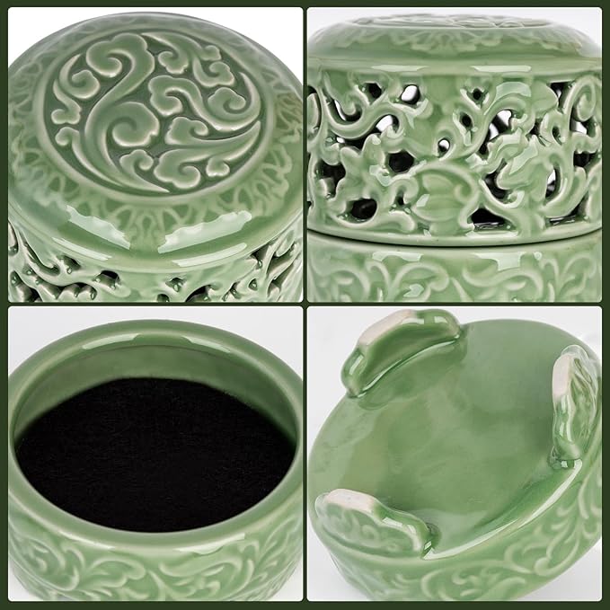 Incense Burner with Lid, Ceramic Incense Holder for Stick Cones & Coils Incense with Burn Cotton for Home, Office, Yoga (Xiangyun Incense Burner)