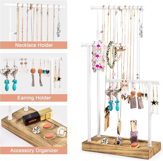 SRIWATANA Jewelry Organizer, Necklace Stand, Carbonized Black & White | 3-Tier Necklace Organizer with Wood Tray Base; Ample Storage for Long Necklaces, Earrings with Holes, and Rings