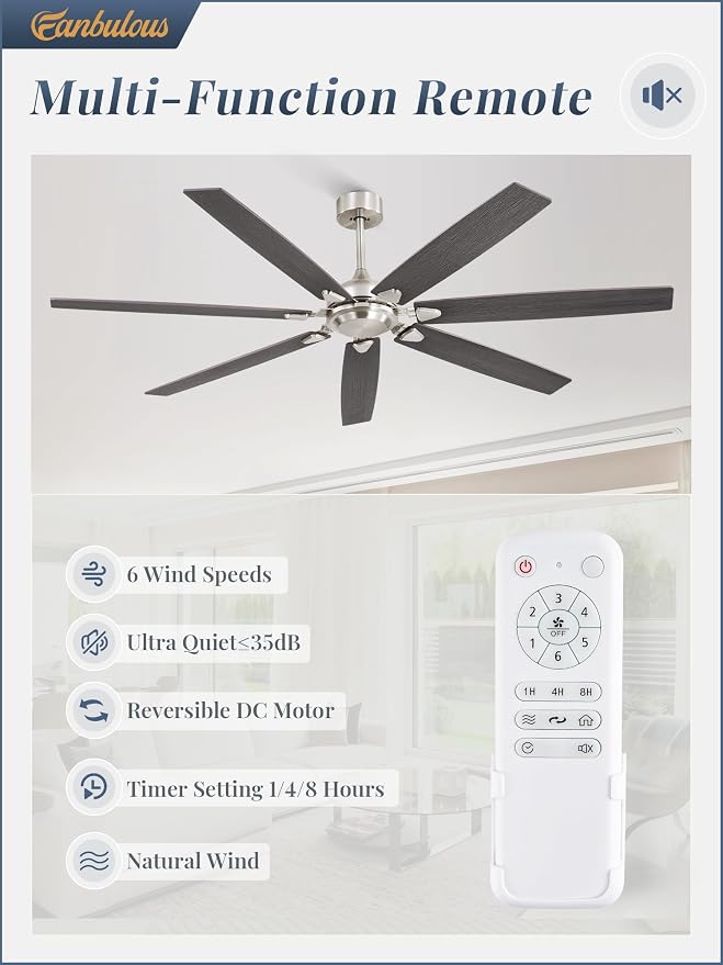 72 Inch Ceiling Fan No Light with Remote Control, Grey Ceiling Fans Without Light With 6-Speeds Quiet Reversible DC Motor, Indoor/Outdoor Ceiling Fan with Dual Finish 7 Blades for Patio Living Room