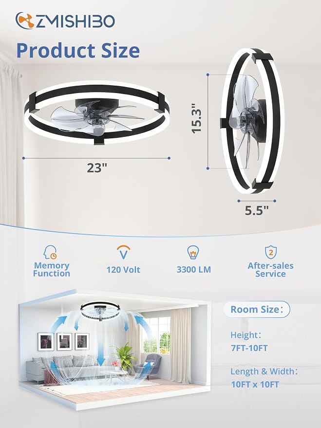 ZMISHIBO Ceiling Fans with Lights and Remote, 23 inch Low Profile Ceiling Fan with Light, 3000K-6000K Dimmable & 6 Wind Speeds, Modern Fandelier Flush Mount Ceiling Fan, Small LED Fan for Bedroom