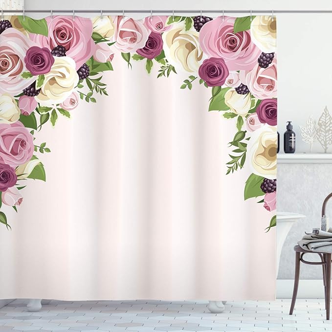 Ambesonne Rose Shower Curtain, Romantic Lisianthus Berries as an Arch Marriage Wedding and Gatherings Design in Soft Pastel Colors, Cloth Fabric Bathroom Set with Hooks, 69" W x 75" L, Purple Cream