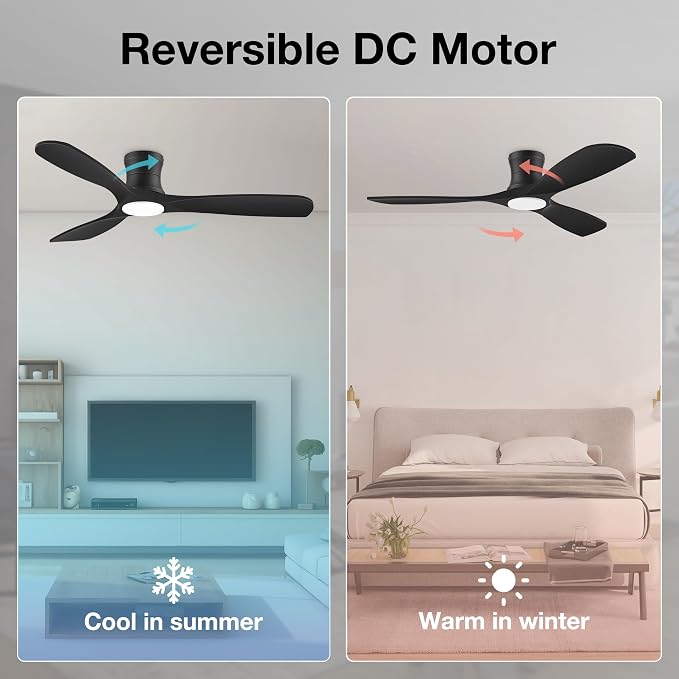 52” Smart Low Profile Ceiling Fans with Lights Remote,Wood Flush Mount Modern Ceiling Fan for Bedroom Living Room Patio,WIFI Alexa App Control,Outdoor Indoor Use,Matte Black,Ultra-Quiet,Dimmable LED