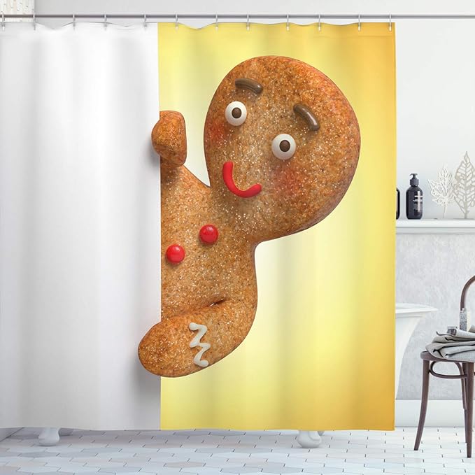 Ambesonne Gingerbread Man Shower Curtain, Gingerbread Man Holding a White Page Funny Xmas Character Print, Cloth Fabric Bathroom Decor Set with Hooks, 69" W x 84" L, Multicolor