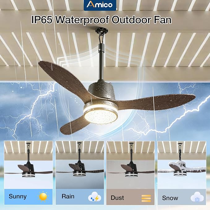 Amico 42 Inch Outdoor Ceiling Fans with Lights for Patios, IP65 Waterproof Gazebo Fan Remote Control, 3000-6000K, 6 Speeds, Hook Hanging Plug in Ceiling Fan for Patio Porch Pergola Garage Canopy