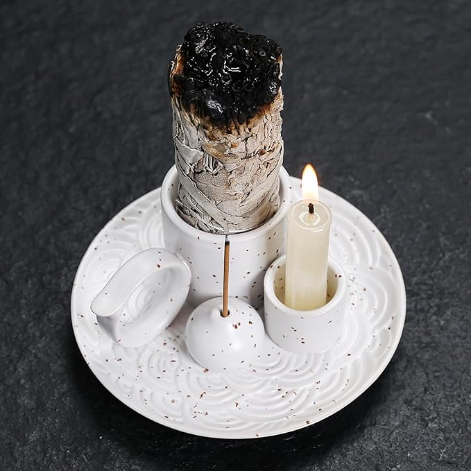 4 in 1 Ceramic Incense Burner Holder with Handle for Burning Sage, Palo Santo Stick, Joss Sticks, Candle in Your New House, Office, Yoga, Meditation Room (White)