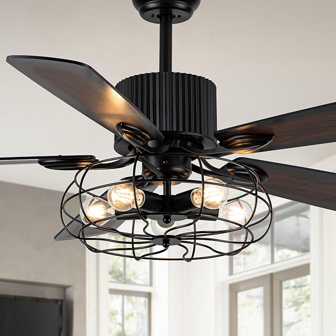 Bella Depot 52" Industrial Ceiling Fan Farmhouse Caged Chandelier Fan with Light Remote Vintage Rustic Indoor Fandelier with Silent Motor for Dining Living Room Bedroom Porch Outdoor (Coffee)