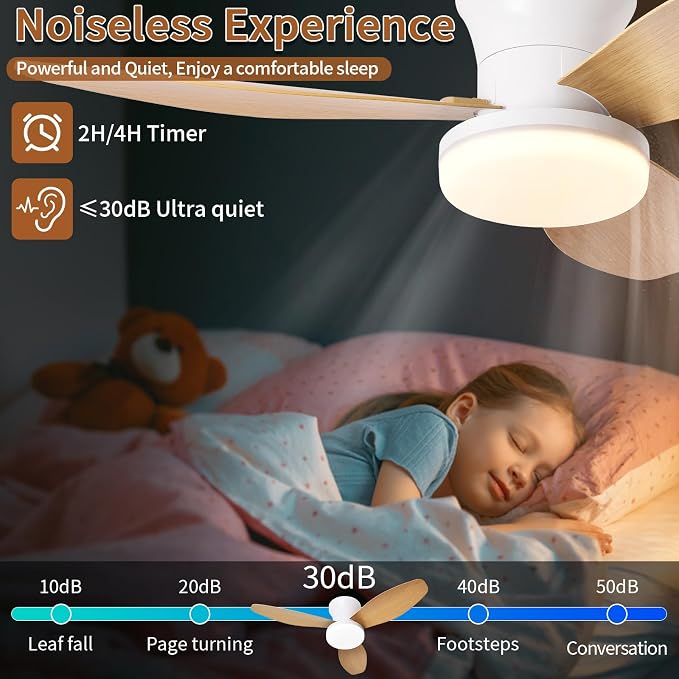 Small Ceiling Fan with Light and Remote, 32'' Flush Mount, 6 Speeds | Reversible Quiet DC Motor,Modern,3 Blades,Dimmable LED,Adjustable Color Temperature,Timer for bedroom Kitchen indoor outdoor