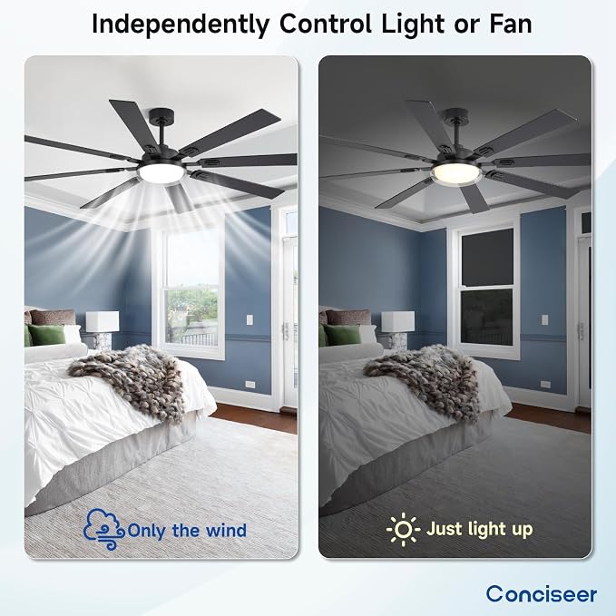 72 Inch Ceiling Fans with Lights and Remote, Living Room Office Library Industrial, 5CCT Dimmable, Dual Color 8 Blades, 6 Speed Reversible Quiet DC Motor, Double-Layer Lampshade, Black/Wood Grain