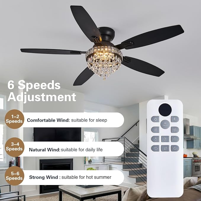 Crystal Ceiling Fan Fandelier with Lights-Ceiling Fans with Lights,54" Low Profile and Remote Control, Flush Mount, Reversible, Dimmable, Noiseless, Black Ceiling Fan for Bedroom