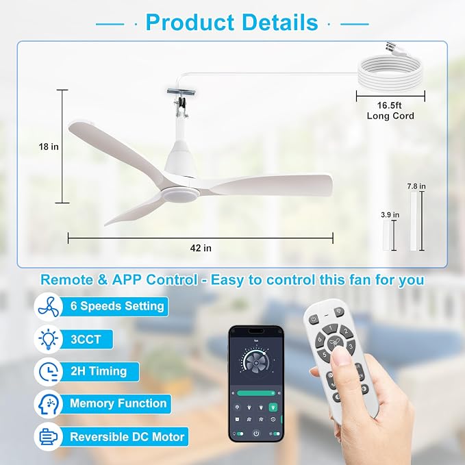 Depuley Outdoor Ceiling Fan with Lights: 42" White Gazebo Fans Outdoor Hanging with Remote APP Control - Plug in Waterproof Fans with Light for Patio Porch Reversible White Blades 3CCT 6 Speeds Timer