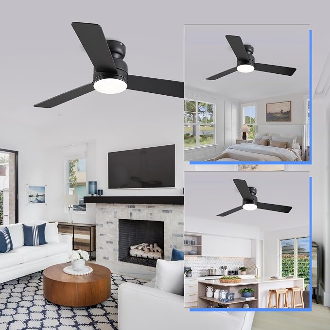 Kviflon 46 inch Modern Ceiling Fans with Lights and Remote/APP Control, Low Profile Flush Mount, Reversible 3 Blades, Double Sided, 6 Speeds, 3CCT, Dimmable LED Lights for Kids Room Bedroom, Black