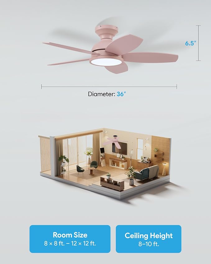VONLUCE Ceiling Fans with Lights, 36 Inch Ceiling Fan and Remote, Full-spectrum LED Light, 3CCT, 6-Speeds Noiseless Reversible DC Motor, Modern Ceiling Fan for Bedroom Living Room Farmhouse, Pink
