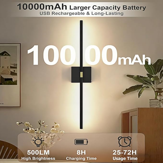 iThird Battery Operated Wall Sconces Set of 2: 10000mAh Rechargeable Wireless Wall Lights, 360° Rotatable Magnetic Wall Lamp, 4CCT Dimmable LED Wall Lighting for Bedroom Living Room Hallway, 31.7in
