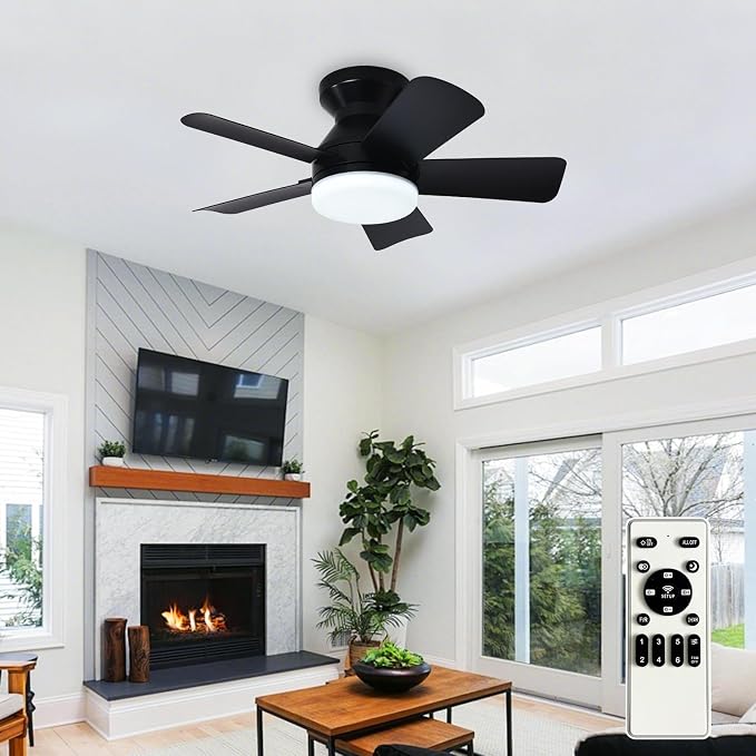 Ceiling fans with lights and Remote: 25 Inch Ceiling Fan with Light Low Profile - Flush Mount Ceiling Fan 5 Blades Reversible 3CCT Dimmable Noiseless for Bedroom (Black)