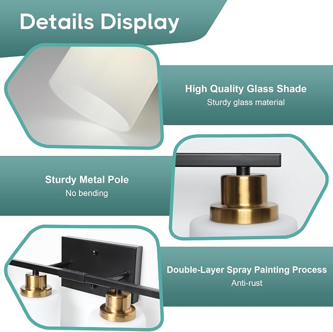 Ascher Bathroom Light Fixtures, 4-Light Vanity Light Over Mirror, Black and Gold Wall Sconces with Milky White Frosted Glass Shades, Wall Lamp for Living Room Bedroom, E26 Base(Bulbs Not Included)