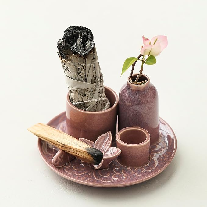 Purple Incense Holder for Sticks, 5.1 Inch Ceramic Incense Holder with Ash Catcher – 4 in 1 Smudge Bowl for Sage and Palo Santo, Reiki Supplies for Meditation Yoga Home Decor