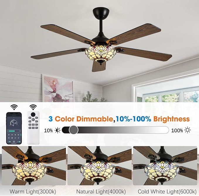 52" Tiffany Style Ceiling Fans with Lights, Vintage Chandelier Ceiling Fan with Stained Glass Shade, Dimmable LED, 6 Speeds Reversible for Bedroom (Red Dot)