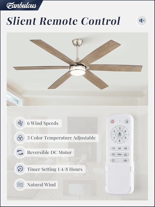Fanbulous 65 Inch Ceiling Fans with Lights, Farmhouse Large Ceiling Fans with Remote, Brown&Grey Modern Ceiling Fan with LED Light, Quiet DC Motor for Living Room, Bedroom, Kitchen, Indoor