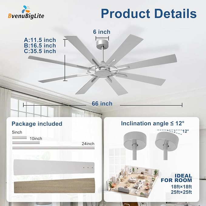 Large Ceiling Fan No Light: Modern 66 Inch 8 Blade Outdoor Ceiling Fans with Remote APP Control - Silver Big Fan without Light Indoor Reversible 6 Speed Quiet DC Motor