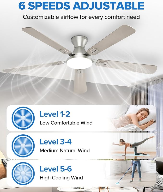 UME 60" Ceiling Fan with Lights & Remote, 6 Blades Low Profile Ceiling Fan, Quiet DC Motor, Natural Wind, 6 Speeds, 3CCT Dimmable 20W LED Modern Ceiling Fan for Bedroom, Living Room, Nickel