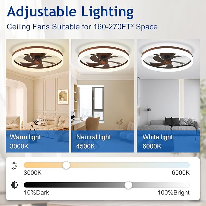 DLLT Bladeless Ceiling Fans with Lights: 24 Inch Modern Flush Mount Low Profile Ceiling Fan with APP Remote Control - Walnut Enclosed LED Fandelier Dimmable Quiet DC Motor for Bedroom Living Room