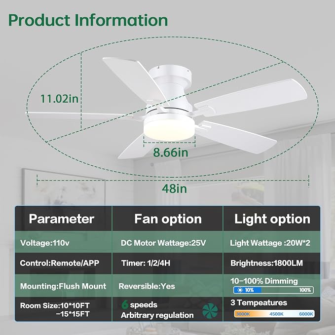 Ceiling Fans with Lights, 48 Inch Ceiling Fan with Light And Remote/APP,Low Profile Ceiling Fan with Light,DC Reversible,6 Speed Noiseless LED Ceiling Fan,White Small Ceiling Fan for Bedroom