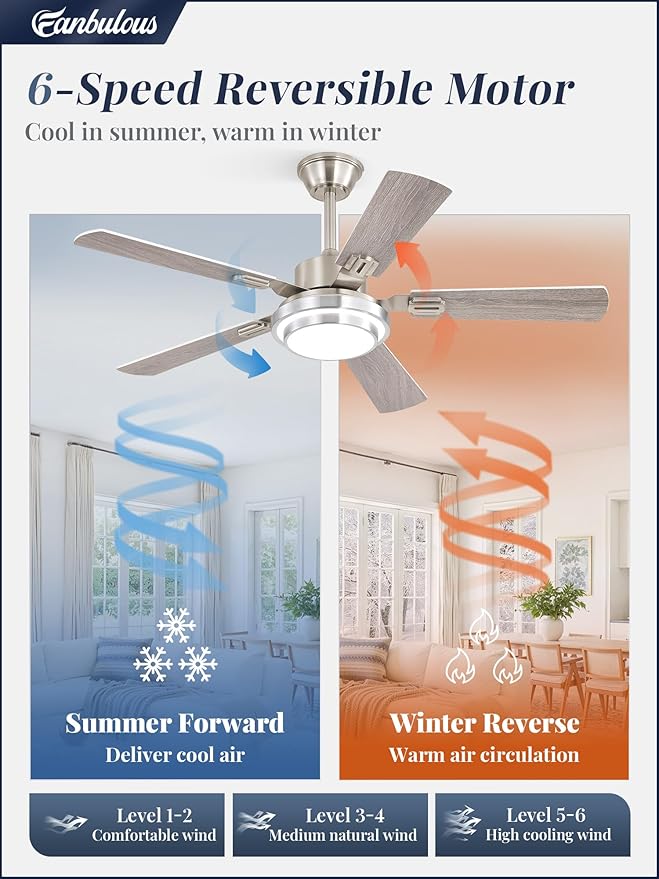 Fanbulous 48 Inch Ceiling Fans with Lights and Remote, Brushed Nickel Ceiling Fan with 8 Dual-Color Blades, Indoor/Outdoor Large Ceiling Fans, Reversible DC Motor, 6-Speed, 3CCT for Living Porch Patio