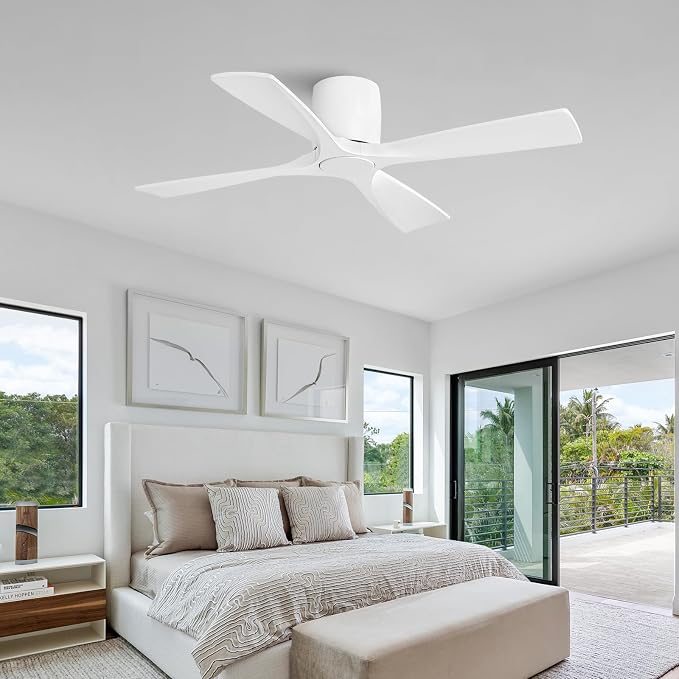 WINGBO 48 Inch Ceiling Fan Without Light, Solid Wood Flush Mount Ceiling Fan with Remote Control, Reversible DC Motor, 4 Blades, 6-Speed Quiet Performance, for Bedroom & Living Room, White