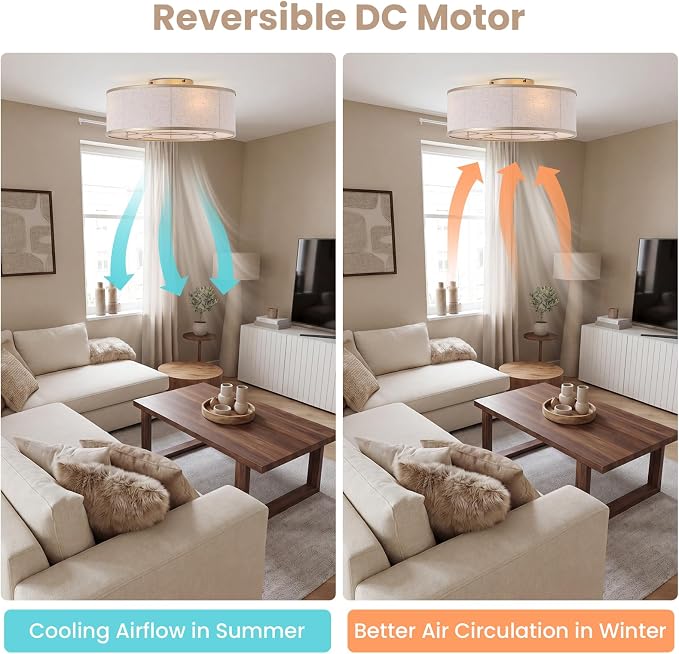20 Inch Boho Ceiling Fan with Light, Low Profile Flush Mount Caged Ceiling Fan, Bladeless Gold Drum Chandelier with Remote, 6 Speed Reversible DC Motor for Bedroom Living Room, E26 Base
