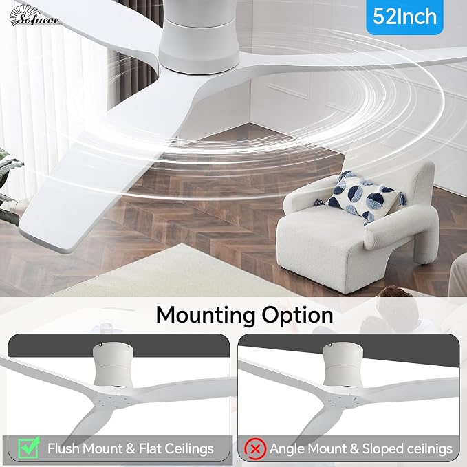 Sofucor 52" Smart Ceiling Fan No Light, Solid Wood Low Profile Ceiling Fan with Remote, Flush Mount Ceiling Fan Works with Alexa/Google/App 6-Speed Timing Reversible DC Motor for Living Room Bedroom