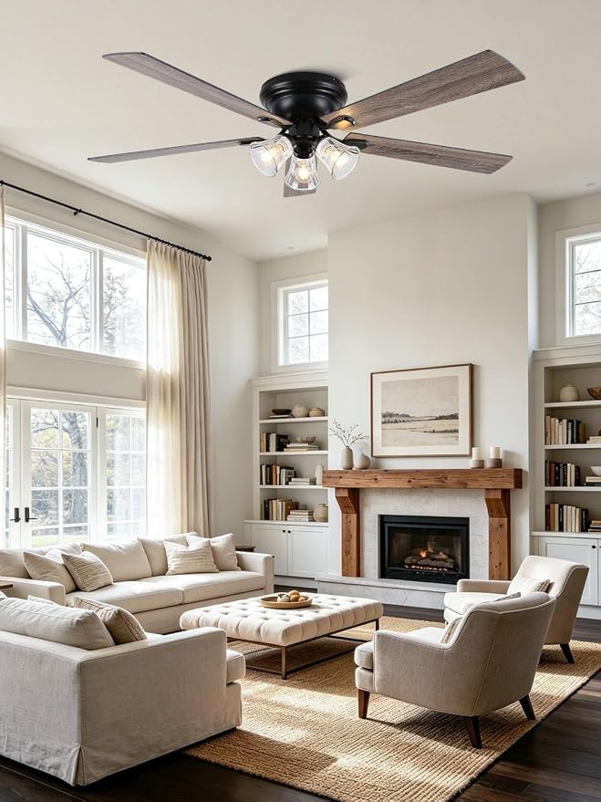 52" Flush Mount Crystal Ceiling Fan with Lights and Remote | Rustic Chandelier Ceiling Fan, Low Profile Farmhouse Fandelier for Bedroom Living Room Kitchen, 3 E12 Bulbs (Not Included)
