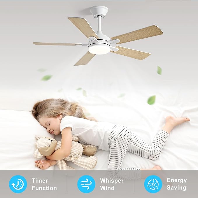 Depuley 42-inch Ceiling Fan with Light: White Ceiling Fan for Living Room Indoor Outdoor - Modern Ceiling Fan with Remote Control 3CCT Dimmable Noiseless 5 Reversible Wood Blades 6 Speeds Timer
