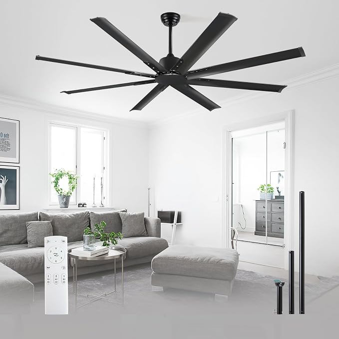 Minislak 72 Inch Black Ceiling Fan No Light with Remote and 8 Aluminum Blades,Industrial DC Motor Quiet Operation,6 Speeds,Large Indoor Outdoor Ceiling Fan for Garage,Patio,Living Room