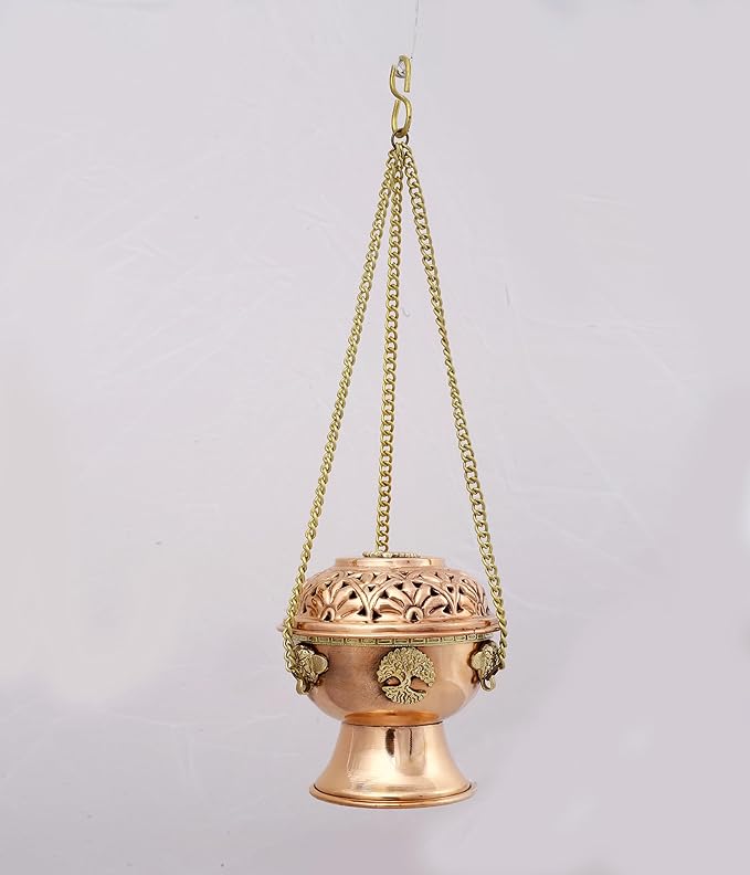 Indian Consigners Copper Altar Incense Charcoal Burner Holder with Chain (Tree of Life)