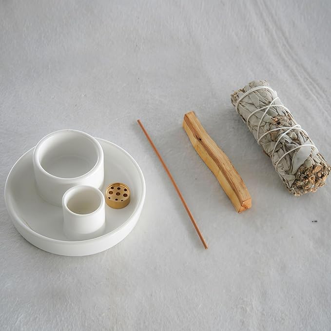 4 in 1 Incense Holder, Ceramic Incense Stick and Palo Santo Holder,Sage Holder for Burning- 4.25" Ceramic Ash Catcher Tray for Meditation and Yoga Room (White)