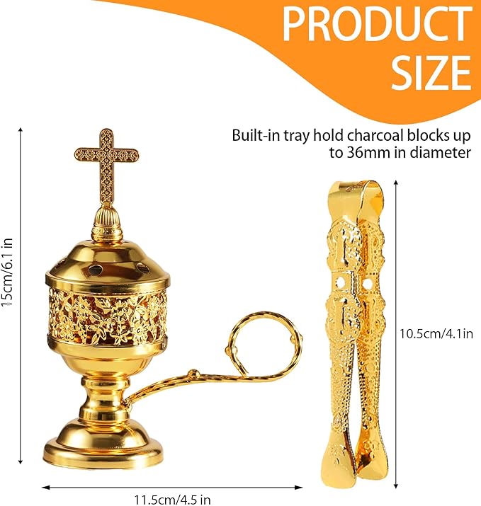 Gold Incense Burner with Tong – Frankincense Charcoal Incense Stand Aromatherapy, Yoga, Spa, Home Decor, and Church Use – Compact & Durable Bakhoor Holder