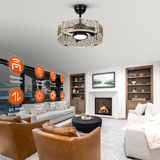 TALOYA 20 Inch Caged Ceiling Fans with Lights Chandelier Remote Control Flush Mount Low Profile for Bedroom Living Room Patio,Reversible,Buzzer Mute,Dimmable Led Light Included,Fandelier,White Oak